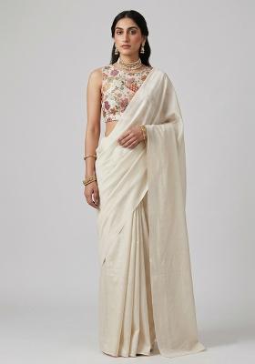 Off White Printed Crepe Pre Draped Saree Set