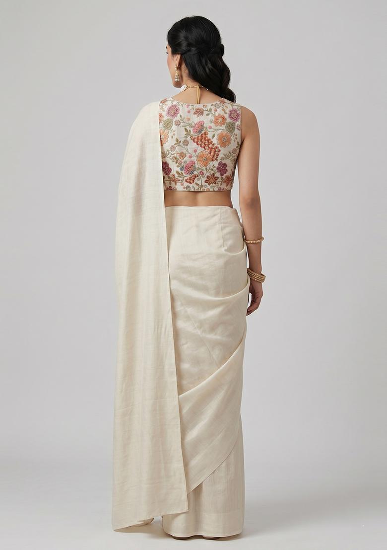 Off White Printed Crepe Pre Draped Saree Set - Indya