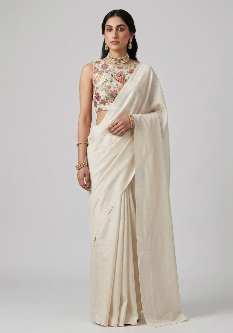 Off White Printed Crepe Pre Draped Saree Set