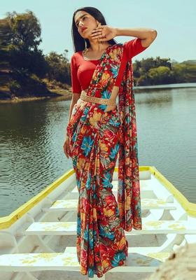 Brown Printed Crepe Pre Draped Saree Set
