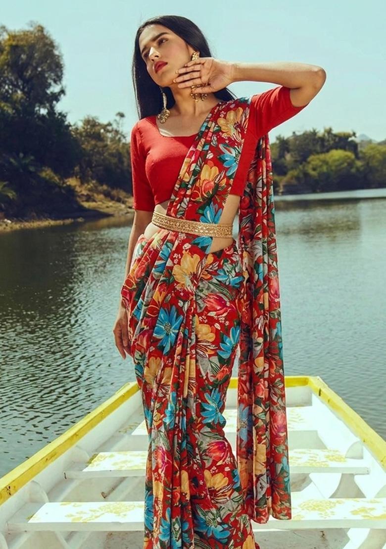 Brown Printed Crepe Pre Draped Saree Set - Indya