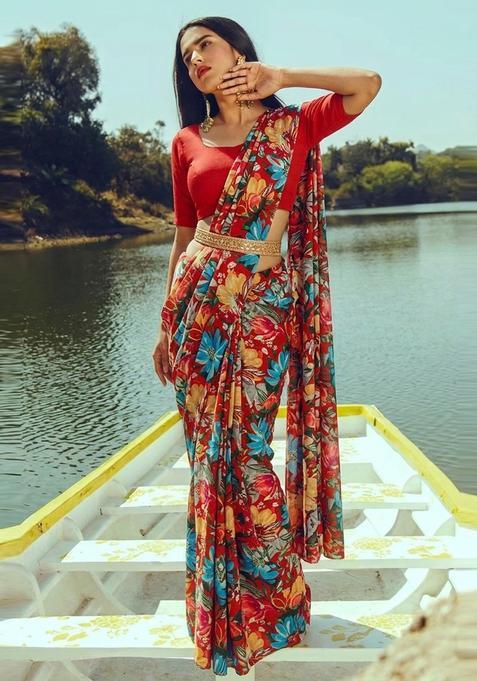 Brown Crepe Printed Pre Draped Saree Set