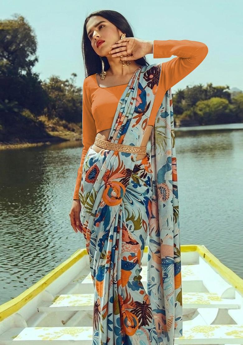Light Blue Silk Blend Printed Pre Draped Saree Set - Indya