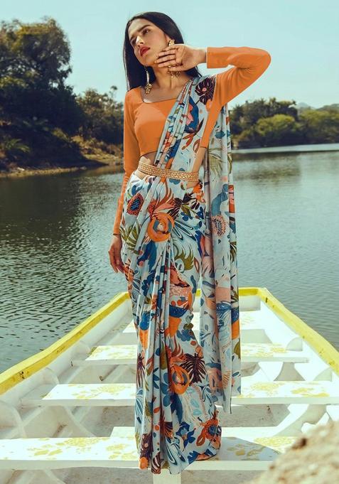 Beige Silk Blend Printed Pre Draped Saree Set