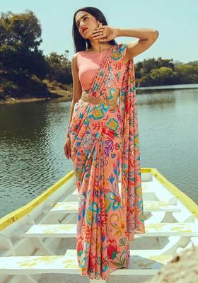 Rust Printed Crepe Pre Draped Saree Set