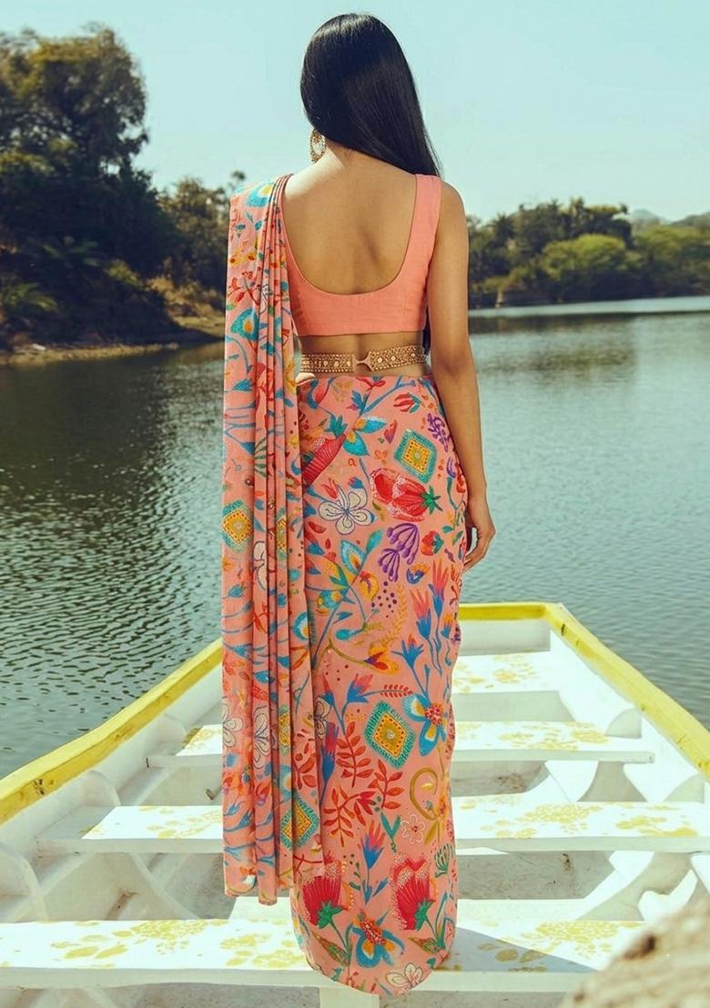 Rust Printed Crepe Pre Draped Saree Set - Indya