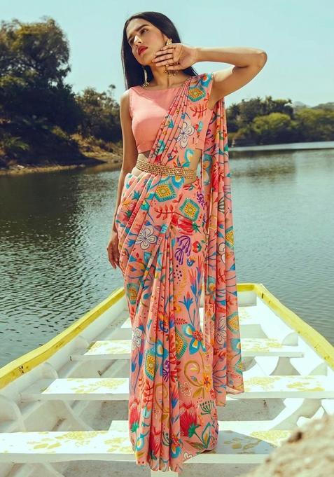 Rust Crepe Printed Pre Draped Saree Set
