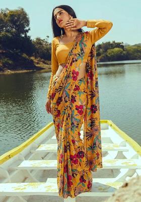 Yellow Printed Crepe Pre Draped Saree Set