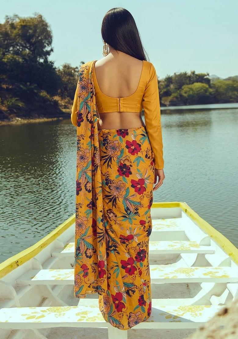 Yellow Printed Crepe Pre Draped Saree Set - Indya