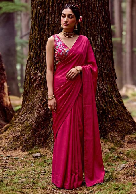 Pink Silk Blend Solid Pre Draped Saree Set