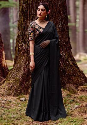 Black Silk Blend Solid Pre Draped Saree Set