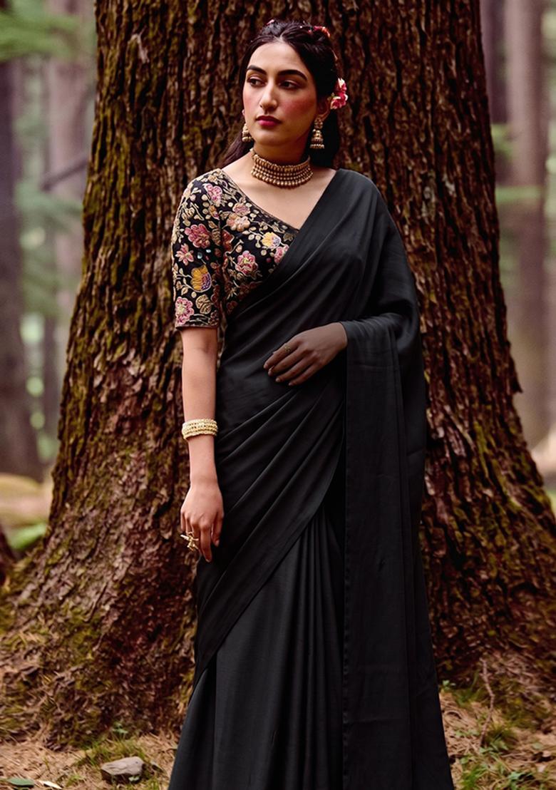 Black Silk Blend Solid Pre Draped Saree Set - Indya