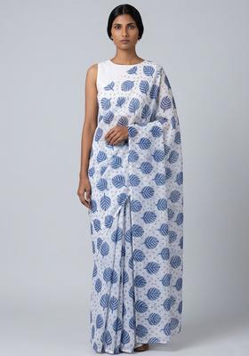 White Cotton Printed Pre Draped Saree Set
