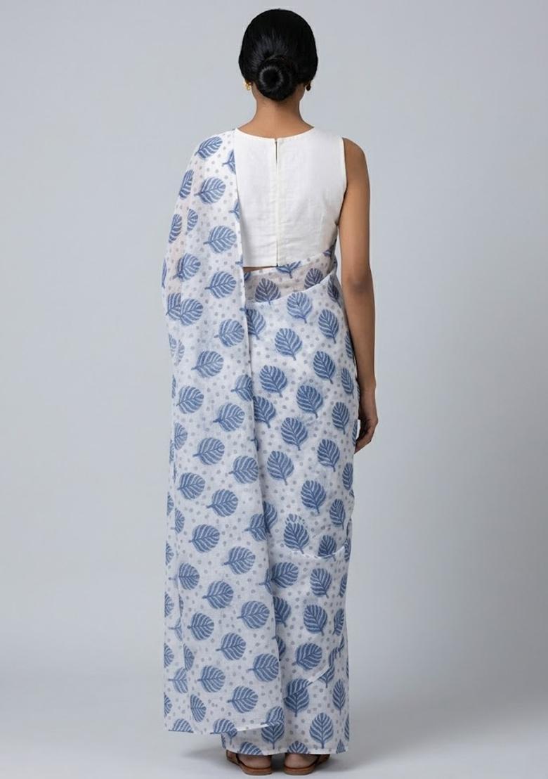 White Cotton Printed Pre Draped Saree Set - Indya
