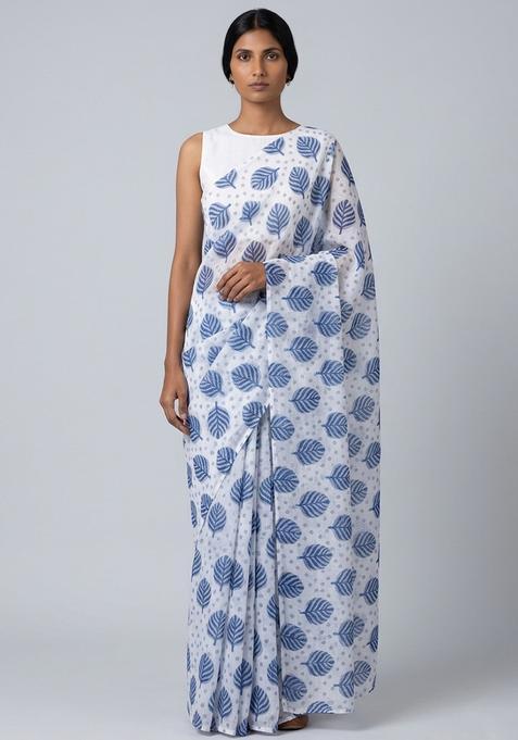 Grey Cotton Printed Pre Draped Saree Set