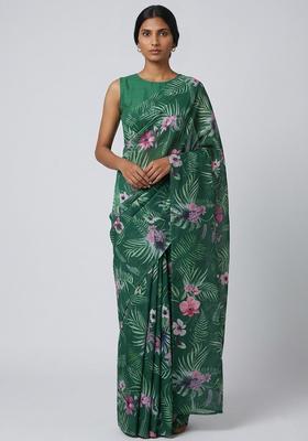 Green Printed Poly Blend Pre Draped Saree Set