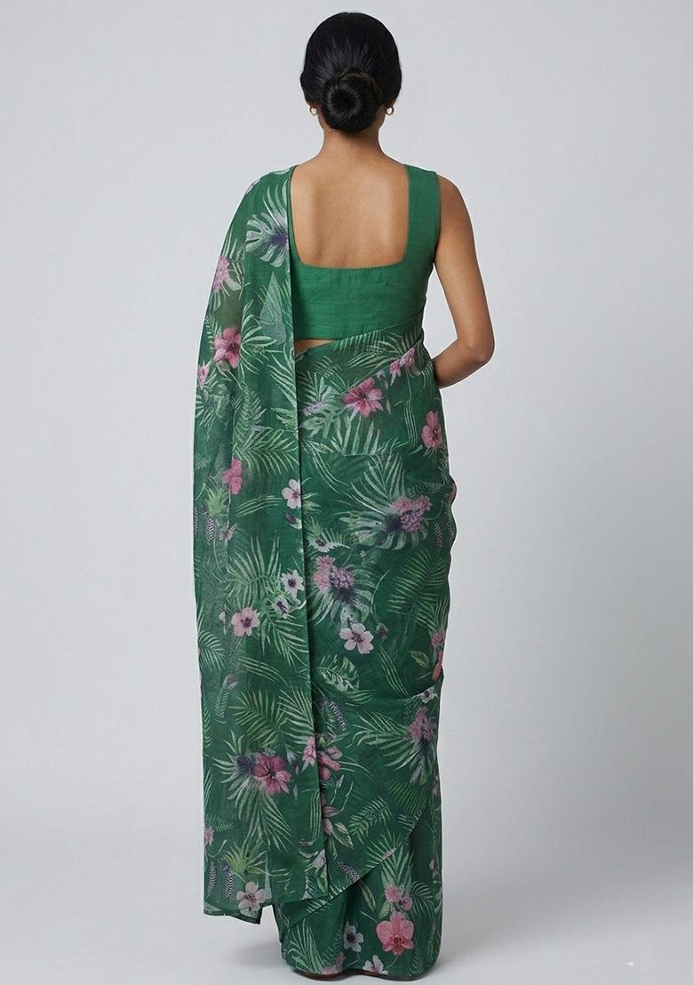 Green Printed Poly Blend Pre Draped Saree Set - Indya