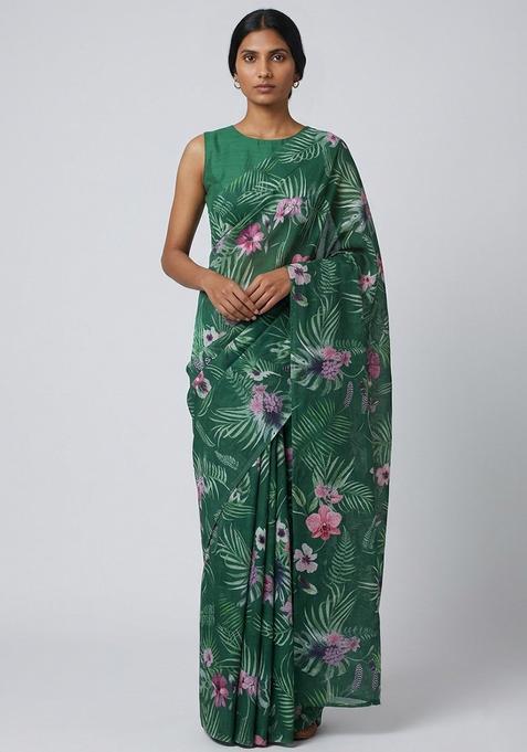 Green Cotton Printed Pre Draped Saree Set