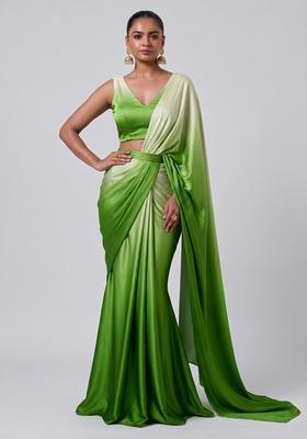 Green Solid Satin Pre Draped Saree Set