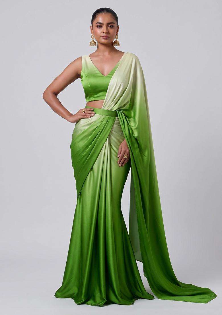 Green Solid Satin Pre Draped Saree Set - Indya