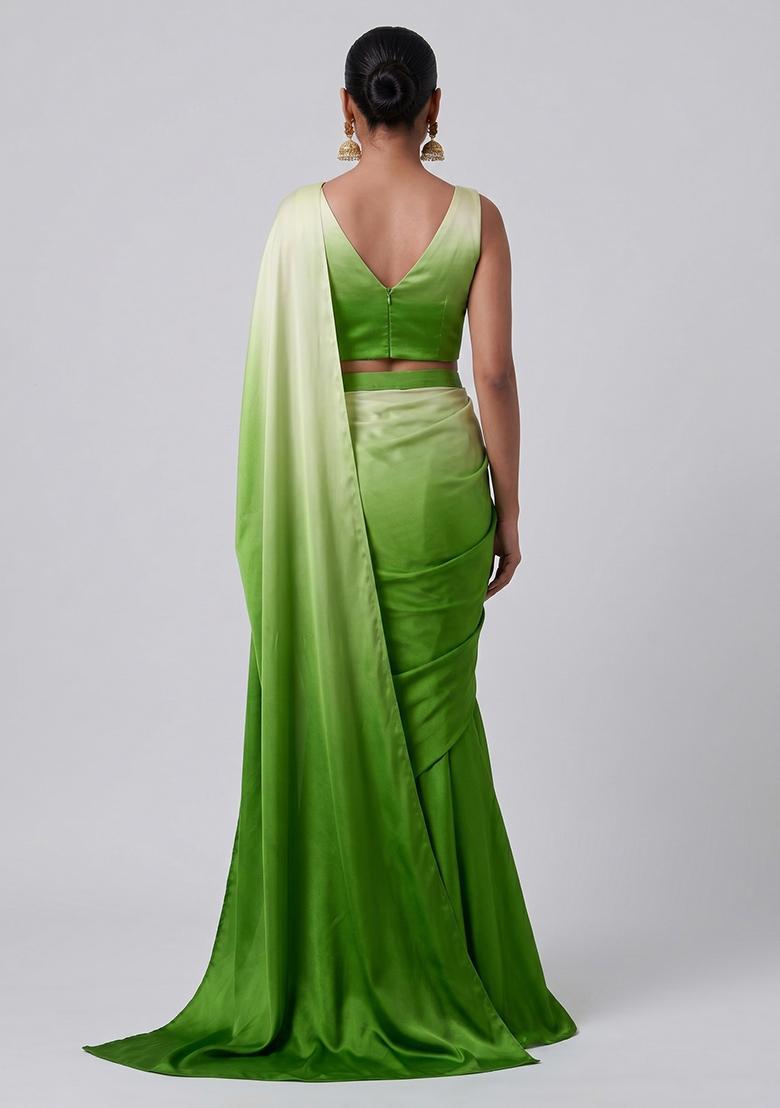 Green Solid Satin Pre Draped Saree Set - Indya