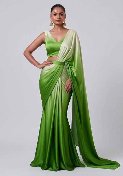 Green Silk Blend Solid Pre Draped Saree Set