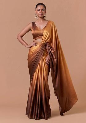 Brown Solid Satin Pre Draped Saree Set