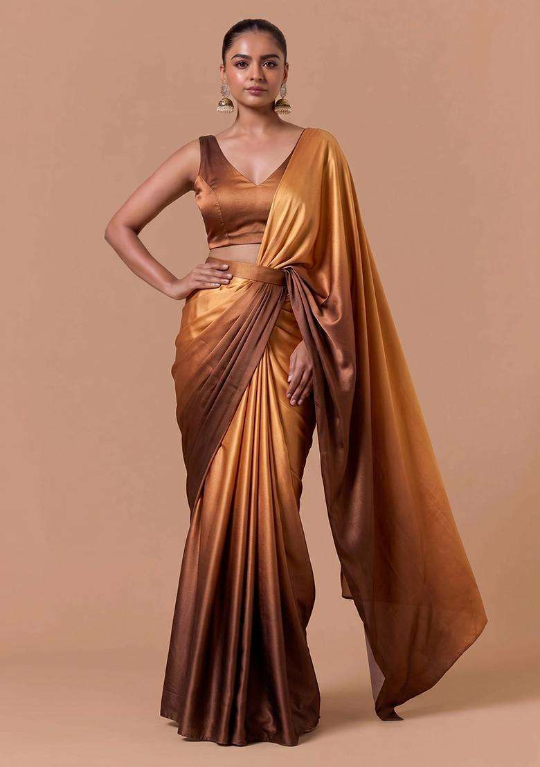 Brown Solid Satin Pre Draped Saree Set - Indya
