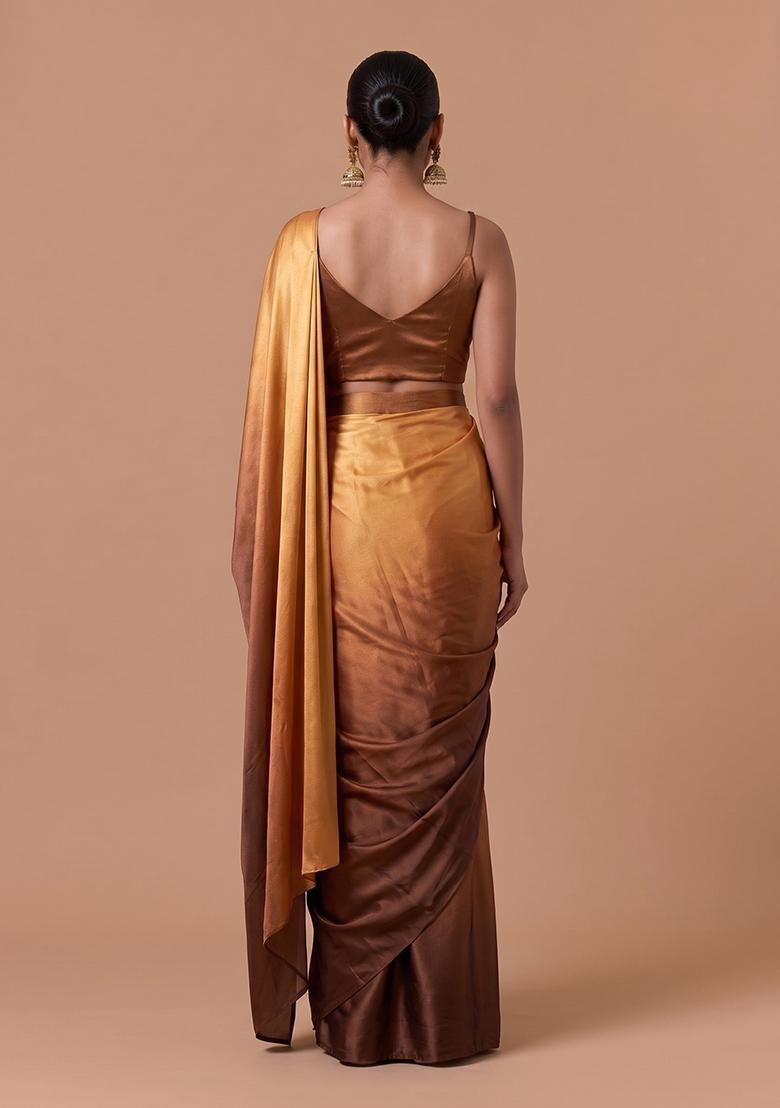 Brown Solid Satin Pre Draped Saree Set - Indya