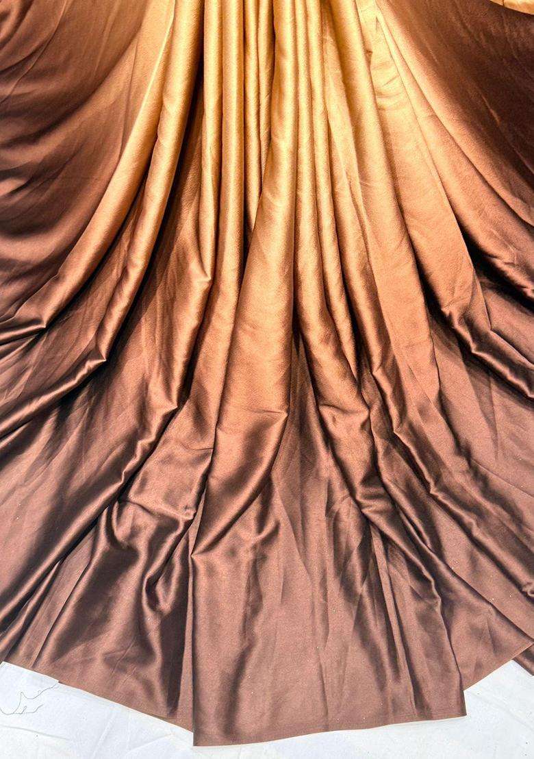 Brown Solid Satin Pre Draped Saree Set - Indya
