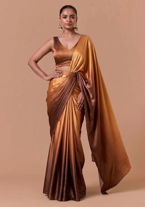 Brown Silk Blend Solid Pre Draped Saree Set