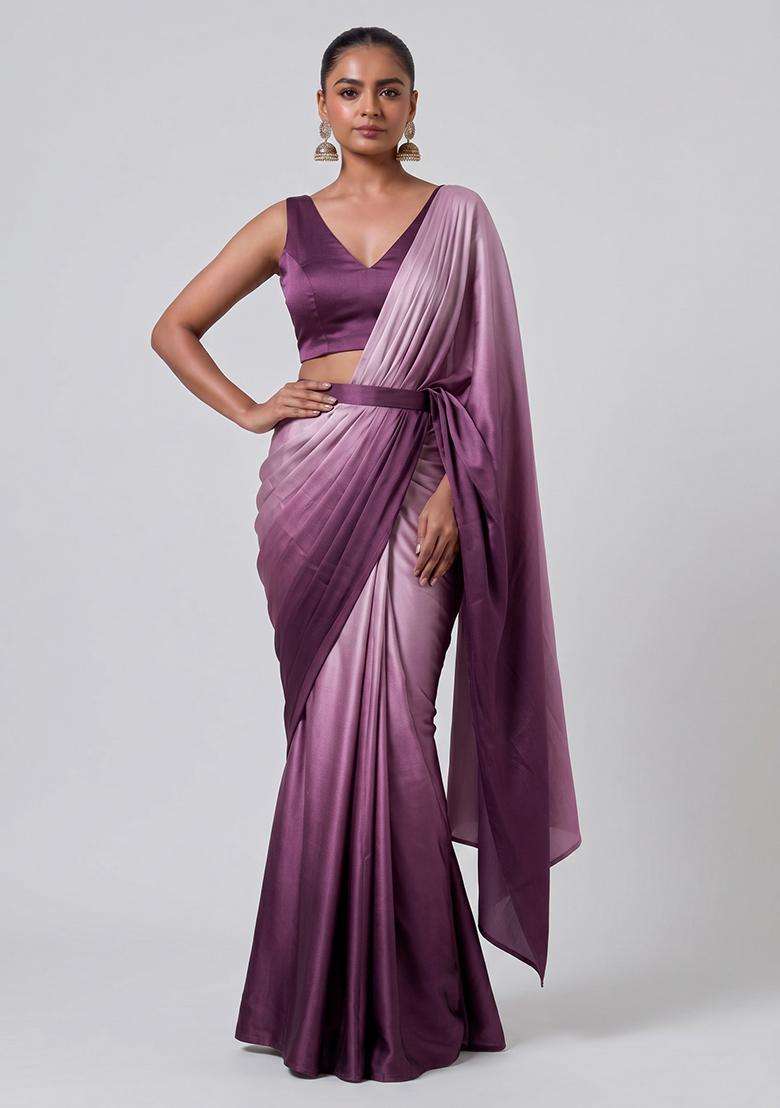 Mauve Solid Satin Pre Draped Saree Set - Indya