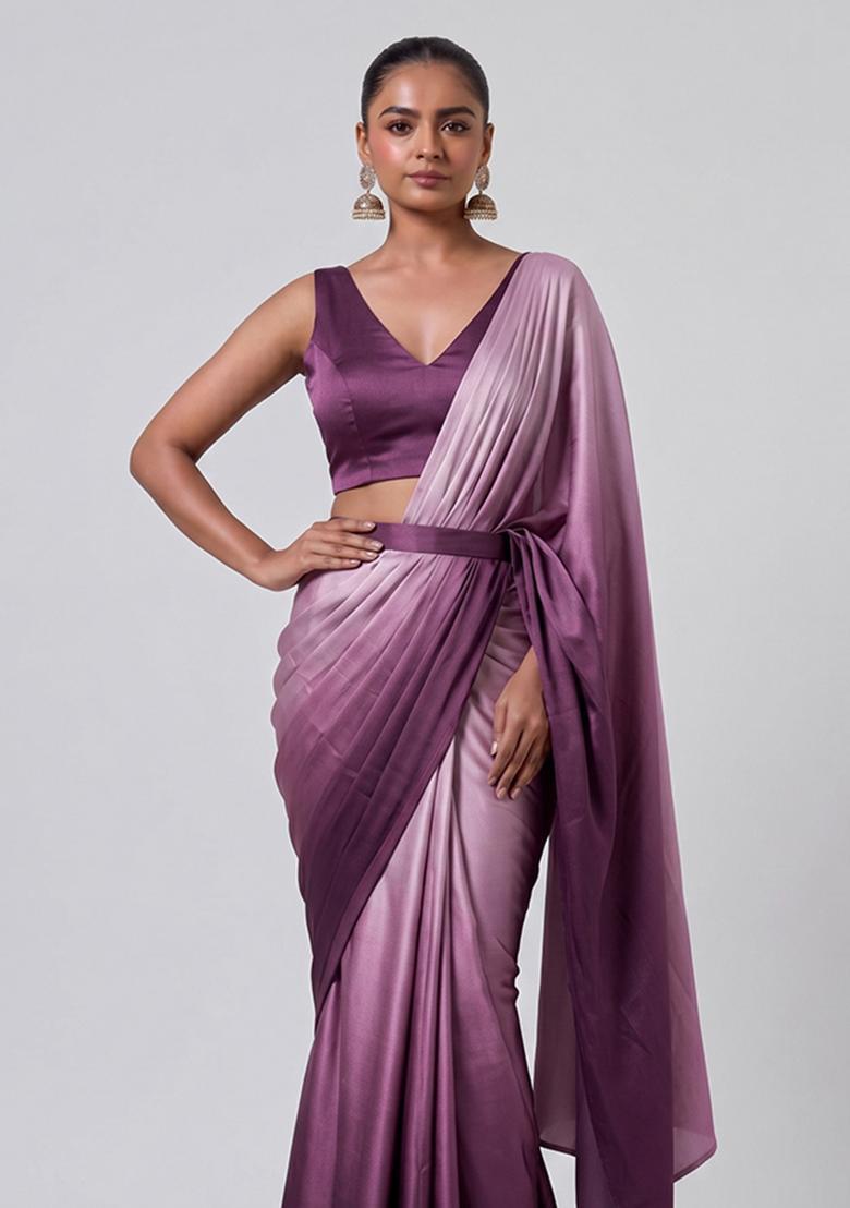 Mauve Solid Satin Pre Draped Saree Set - Indya