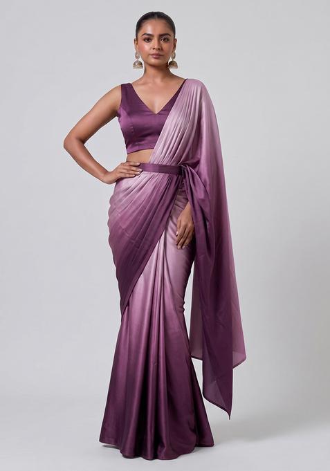 Mauve Silk Solid Pre Draped Saree Set