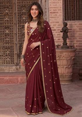 Maroon Embroidered Organza Pre Draped Saree Set