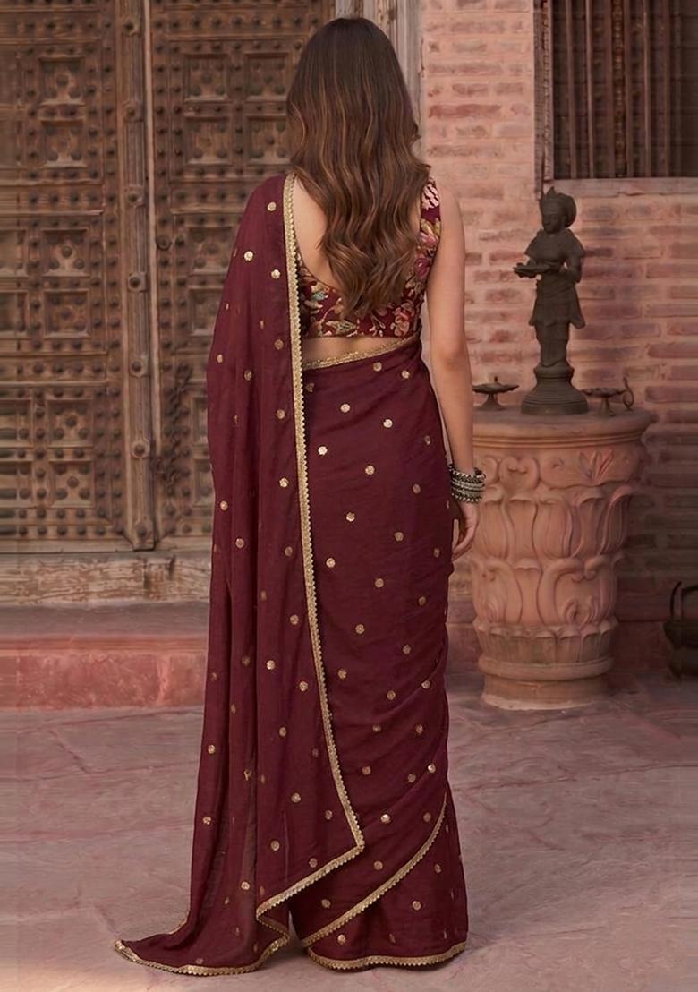 Maroon Embroidered Organza Pre Draped Saree Set - Indya