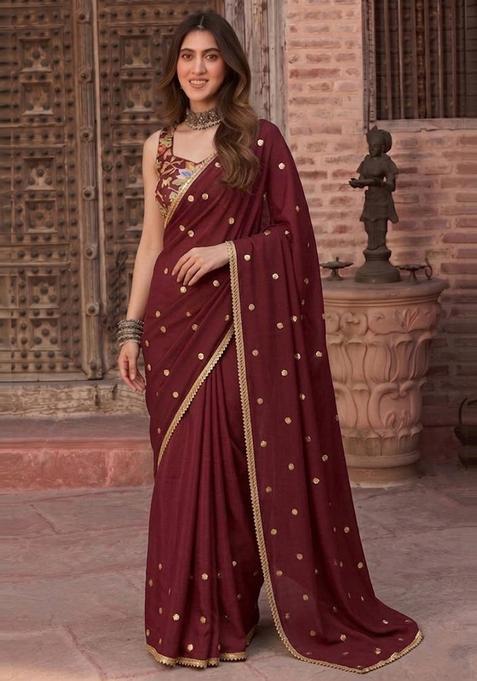 Maroon Embroidered Organza Pre Draped Saree Set