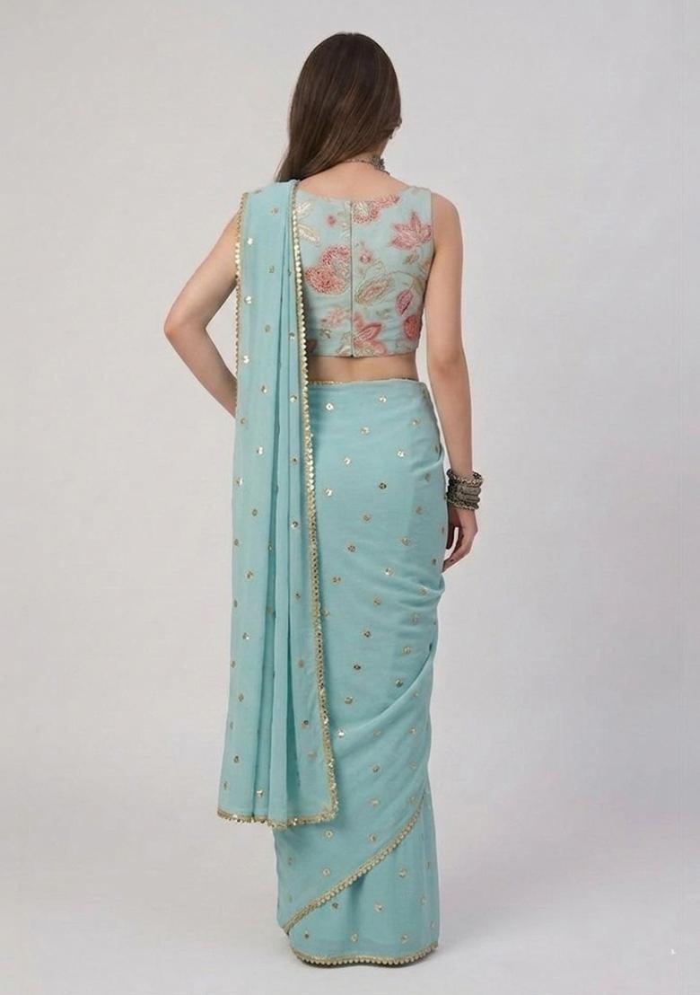 Aqua Blue Embroidered Organza Pre Draped Saree Set - Indya