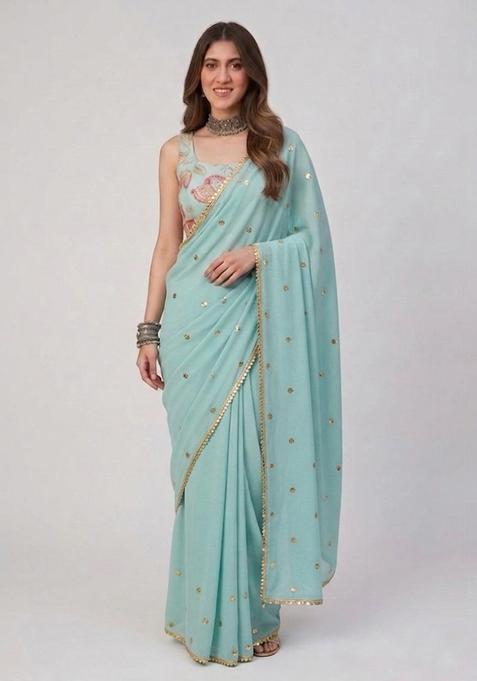 Aqua Blue Embroidered Organza Pre Draped Saree Set