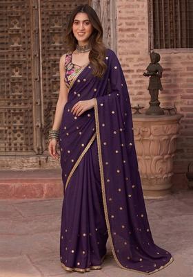 Deep Purple Embroidered Organza Pre Draped Saree Set