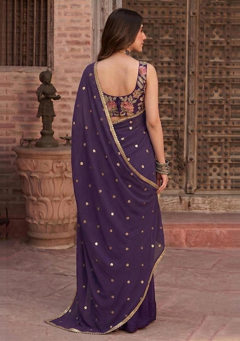 Deep Purple Embroidered Organza Pre Draped Saree Set - Indya