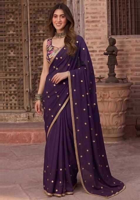 Deep Purple Embroidered Organza Pre Draped Saree Set