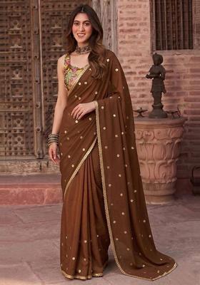 Brown Embroidered Organza Pre Draped Saree Set