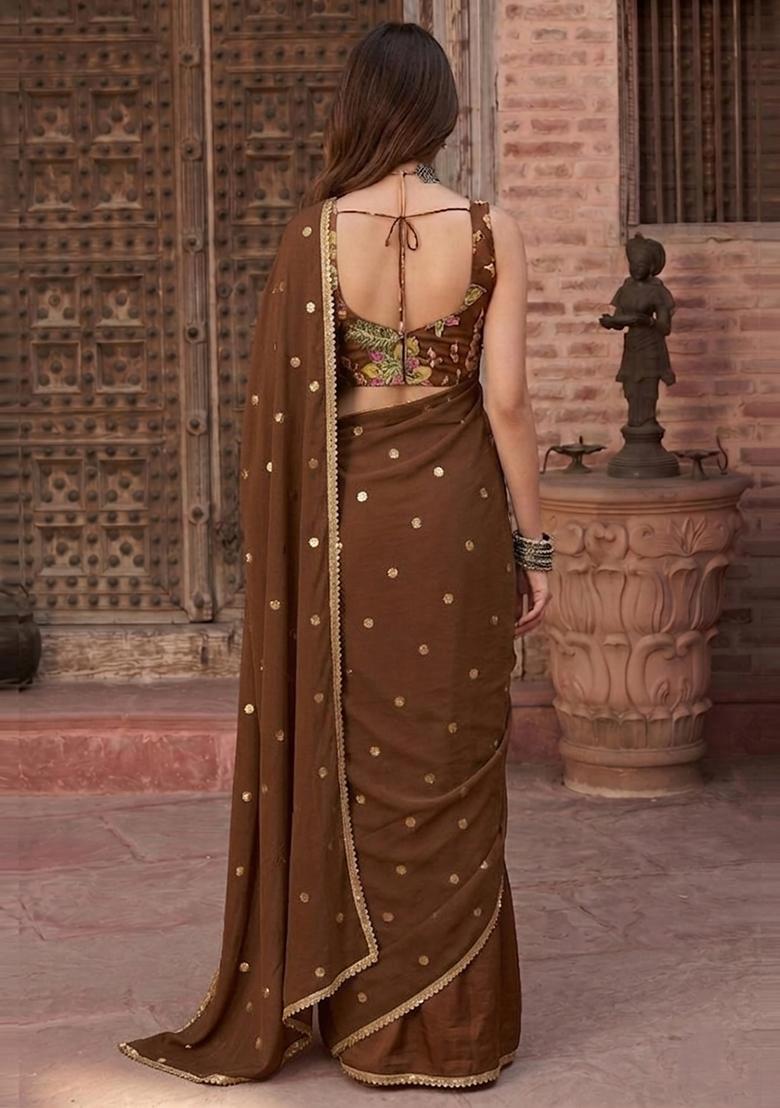Brown Embroidered Organza Pre Draped Saree Set - Indya