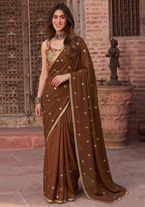 Brown Embroidered Organza Pre Draped Saree Set