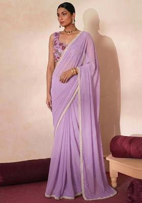 Lavender Embroidered Organza Pre Draped Saree Set