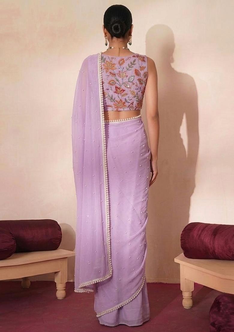 Lavender Embroidered Organza Pre Draped Saree Set - Indya