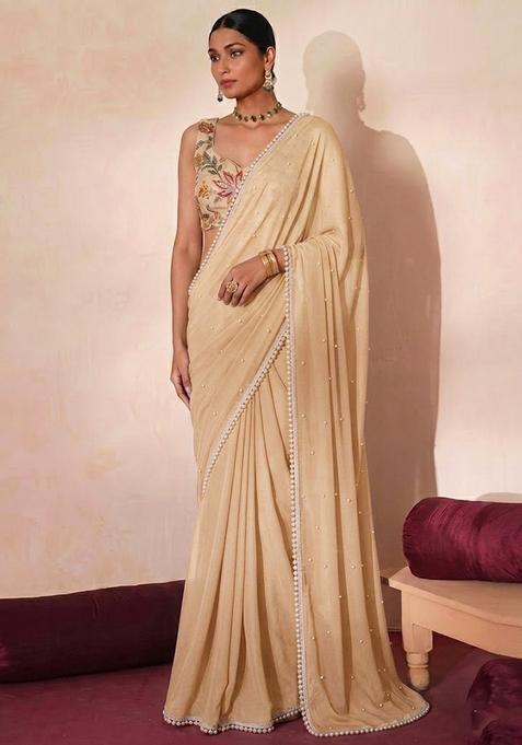 Beige Embroidered Organza Pre Draped Saree Set