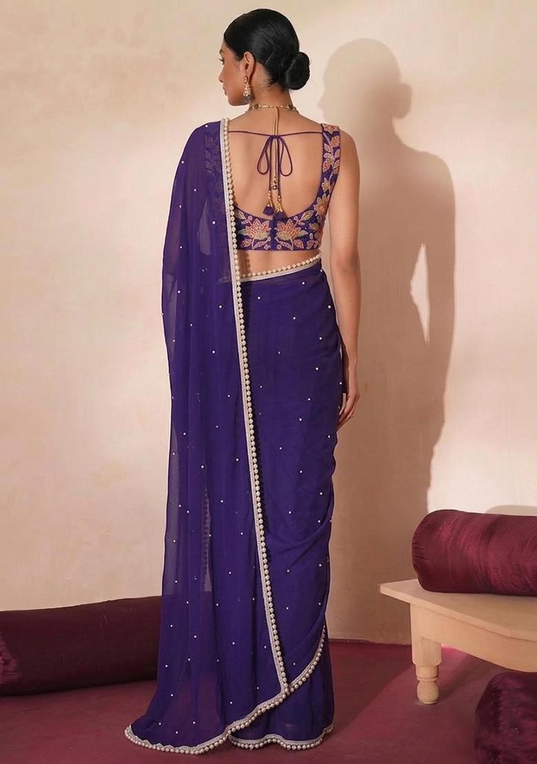 Purple Embroidered Organza Pre Draped Saree Set - Indya