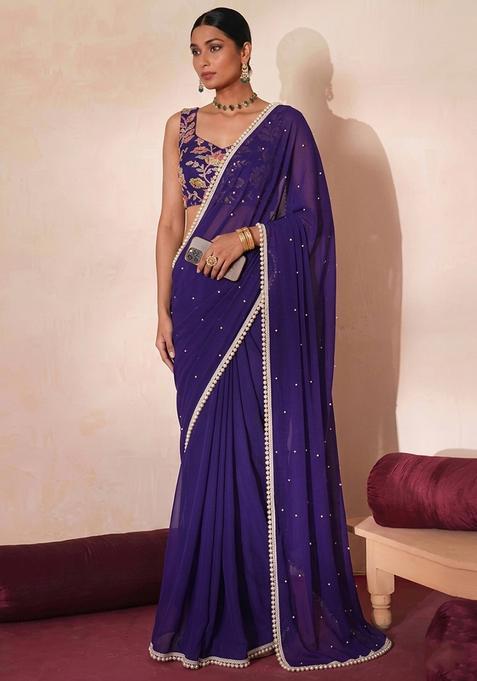 Purple Embroidered Organza Pre Draped Saree Set